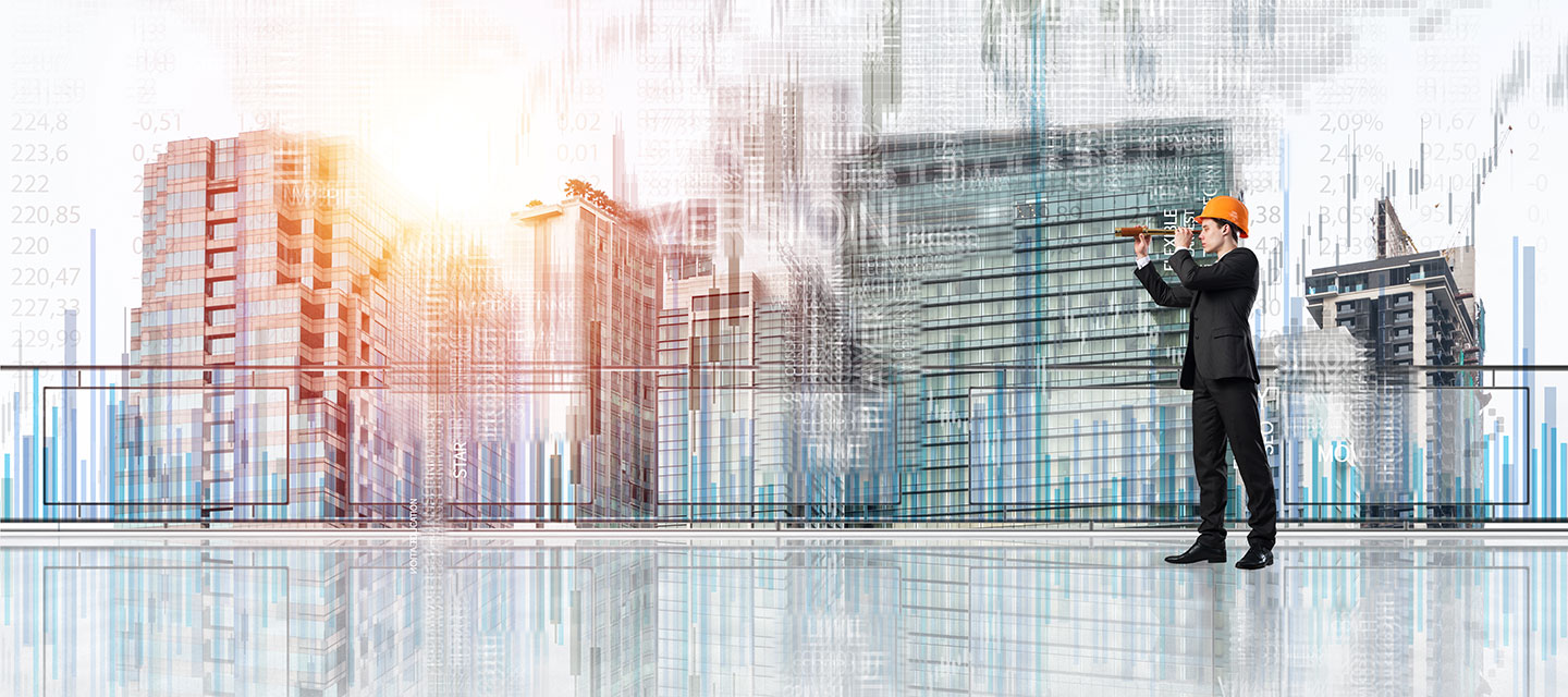 Man using spyglass on skyscrapers