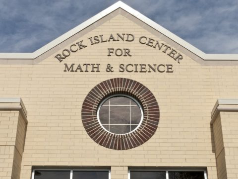 Rock Island Center for Math and Science exterior building sign close-up