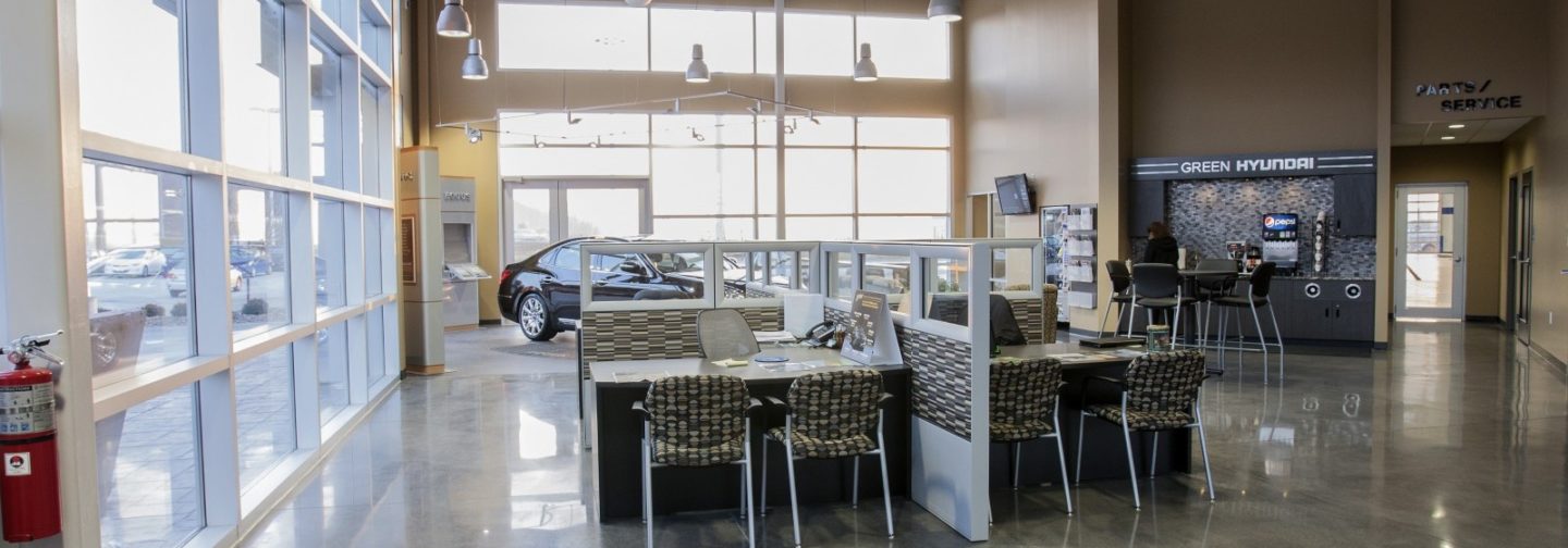 Green Hyundai dealership customer desk area