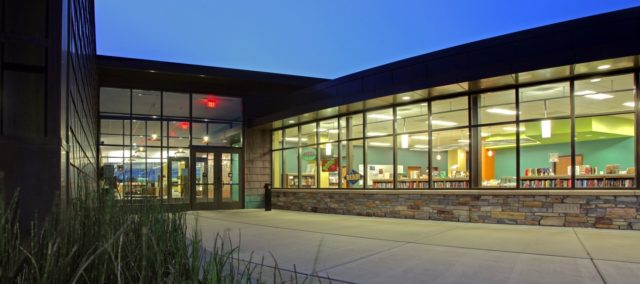 Davenport Public Library Eastern Branch entryway at night