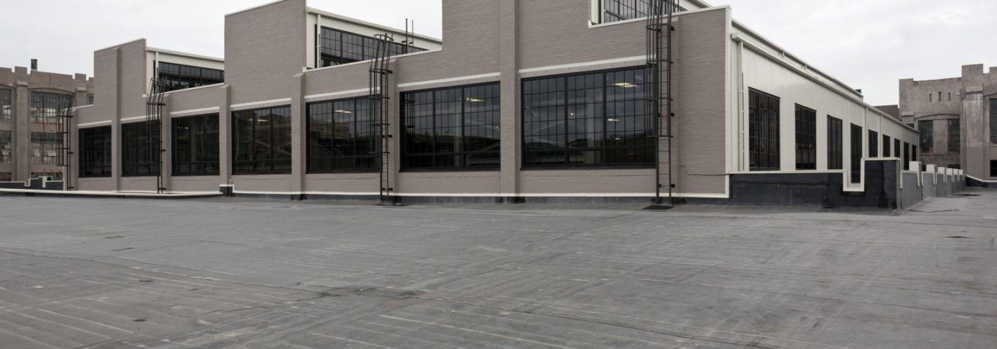 Elongated view of arsenal building with windows