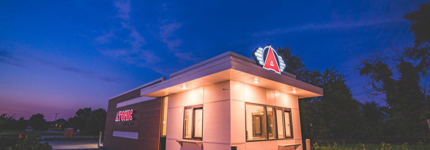 Atomic Coffee stand 3/4 view