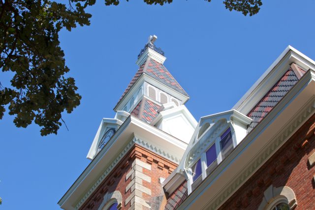 Looking up at the renovated Ambrose Hall