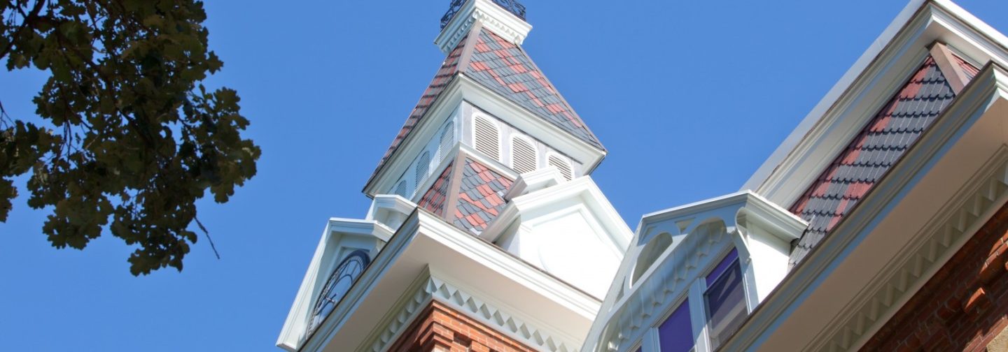 Ambrose Hall clocktower 3/4 view detail