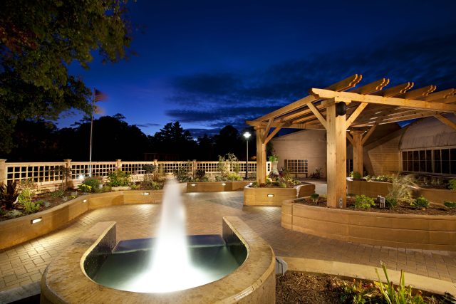 Vander Veer Park Enabling Garden at night with fountain