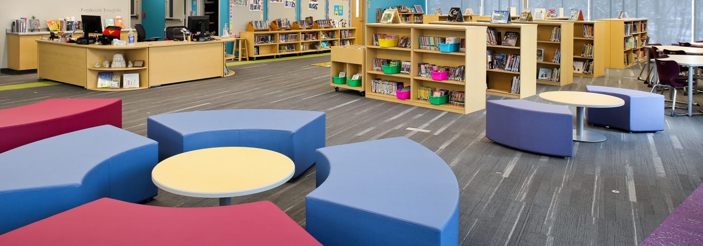 The library at Mark Twain Elementary School fosters collaboration and team work