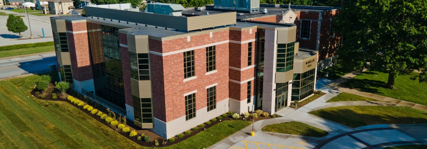 This is an exterior shot of the newly renovated McMullen Hall on the St. Ambrose University campus